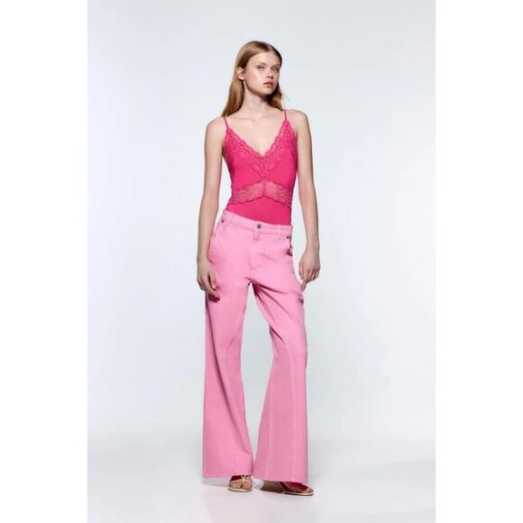 NWOT Zara pink lace trim detail sleeveless bodysuit, M - Picture 2 of 12